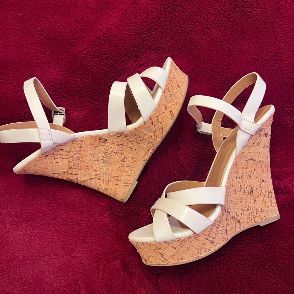 White Cork Wedge Sandals - Women's Strappy Platform Heels
